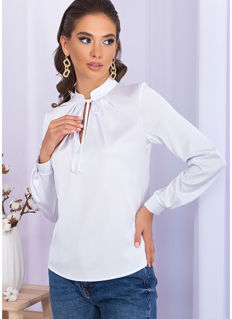 Красива біла блузка шовкова з коміром із зав'язками